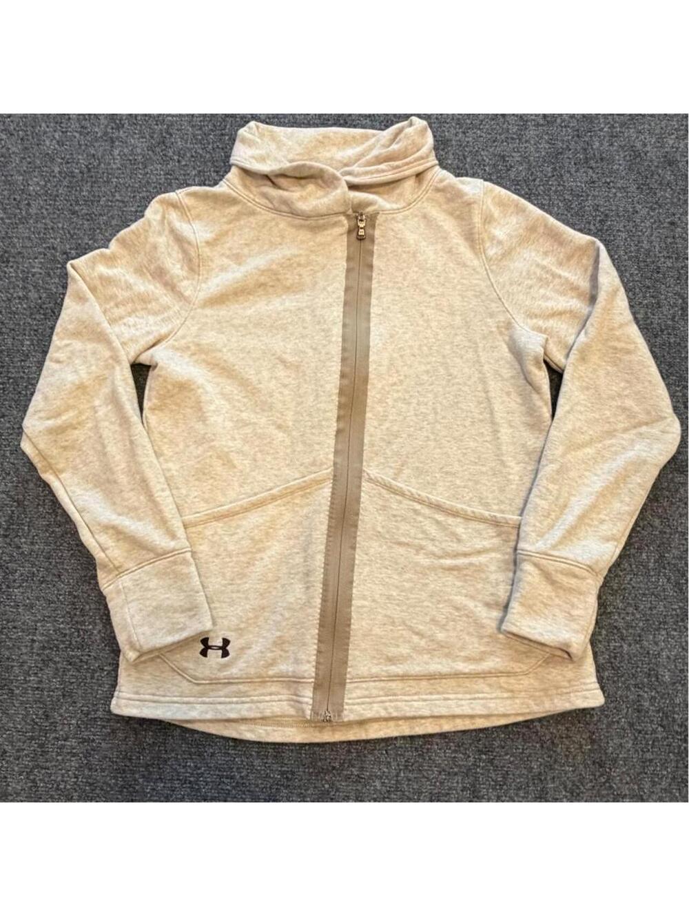 Under Armour Oatmeal color zip up roll collar jacket with pouch pockets sz Small
